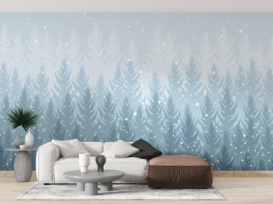 Modern living room styled with removable tropical winter forest wall mural