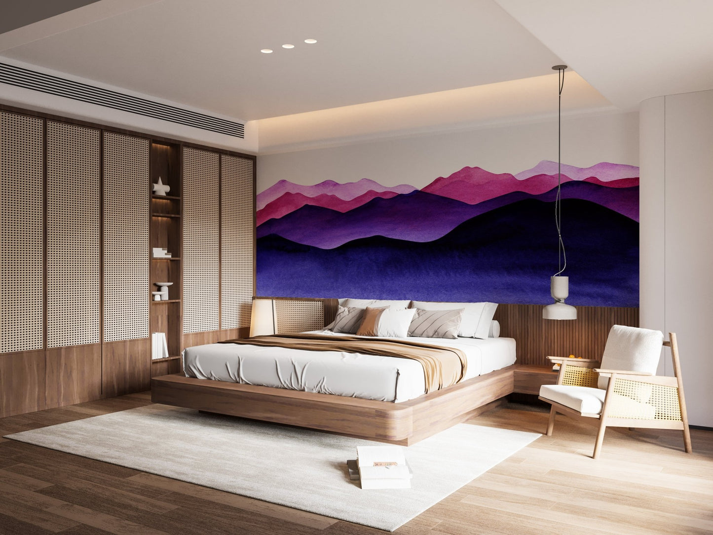 Minimalist bedroom featuring Violate Shade Waves Wall Murals as a backdrop.