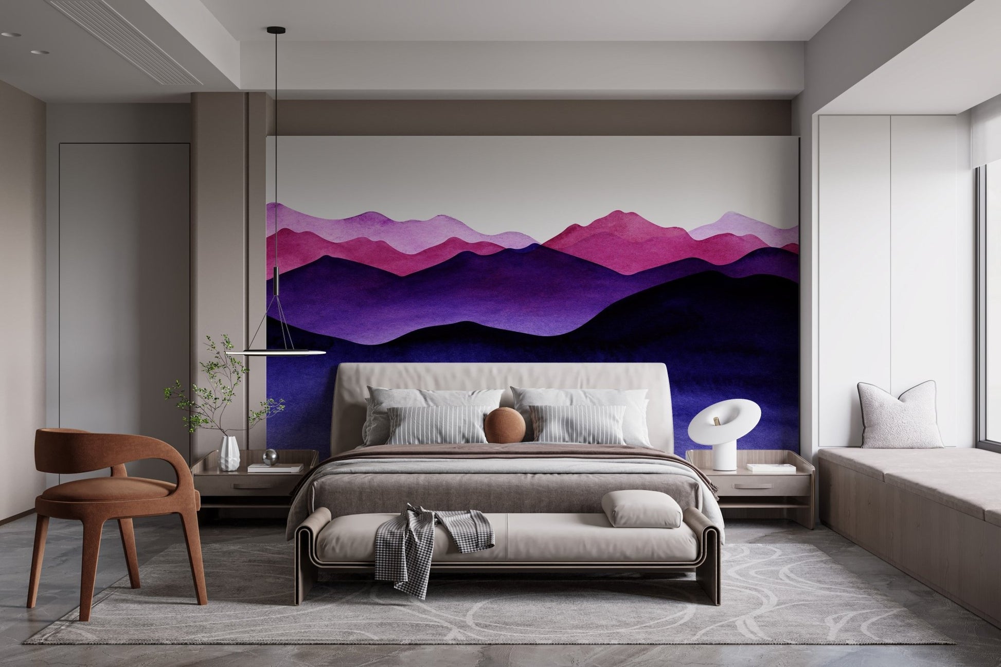 Luxury bedroom with violet wave mural behind a low-profile designer bed.