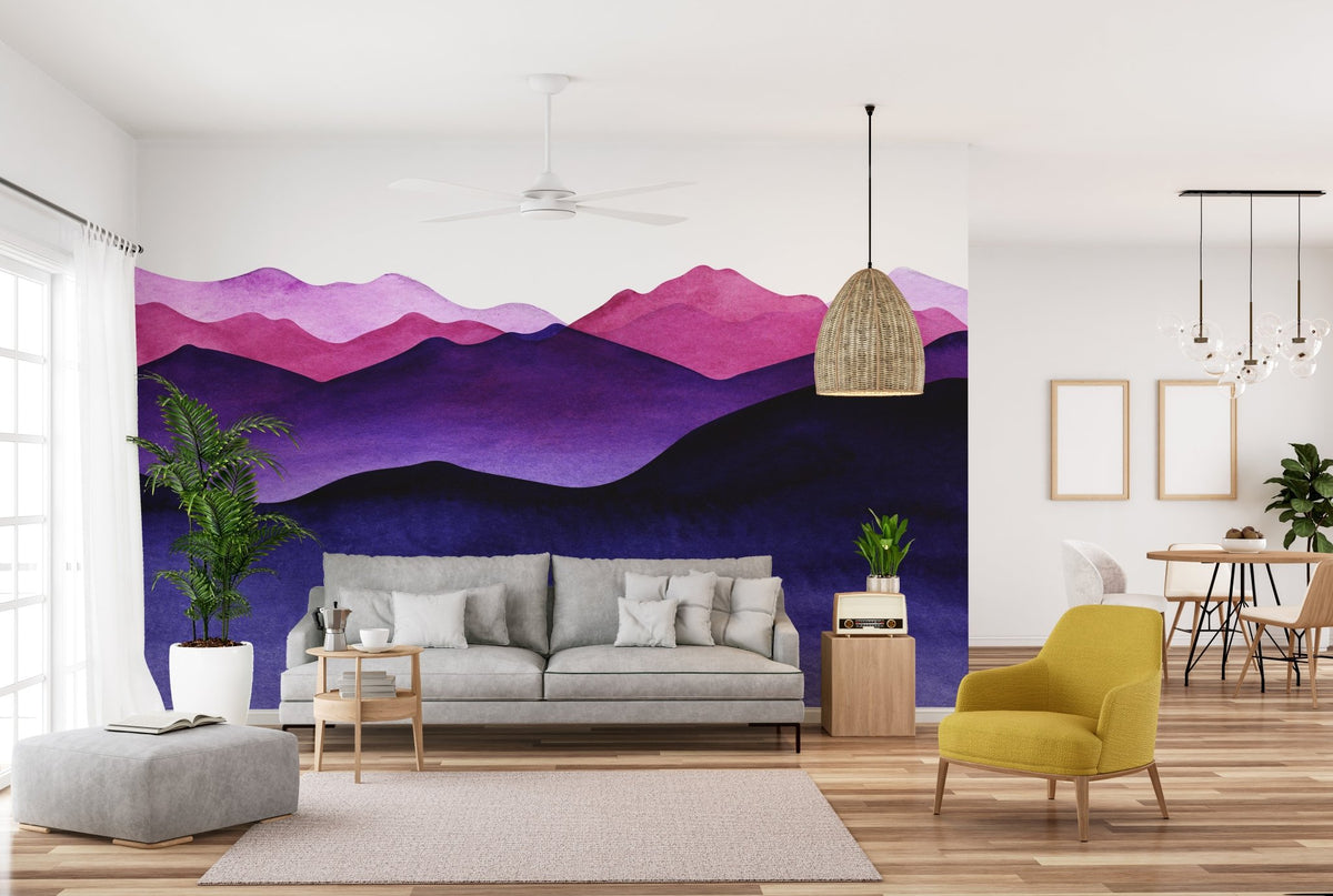 Removable Violate Shade Waves Wall Murals in a minimalist living room with grey sofa.