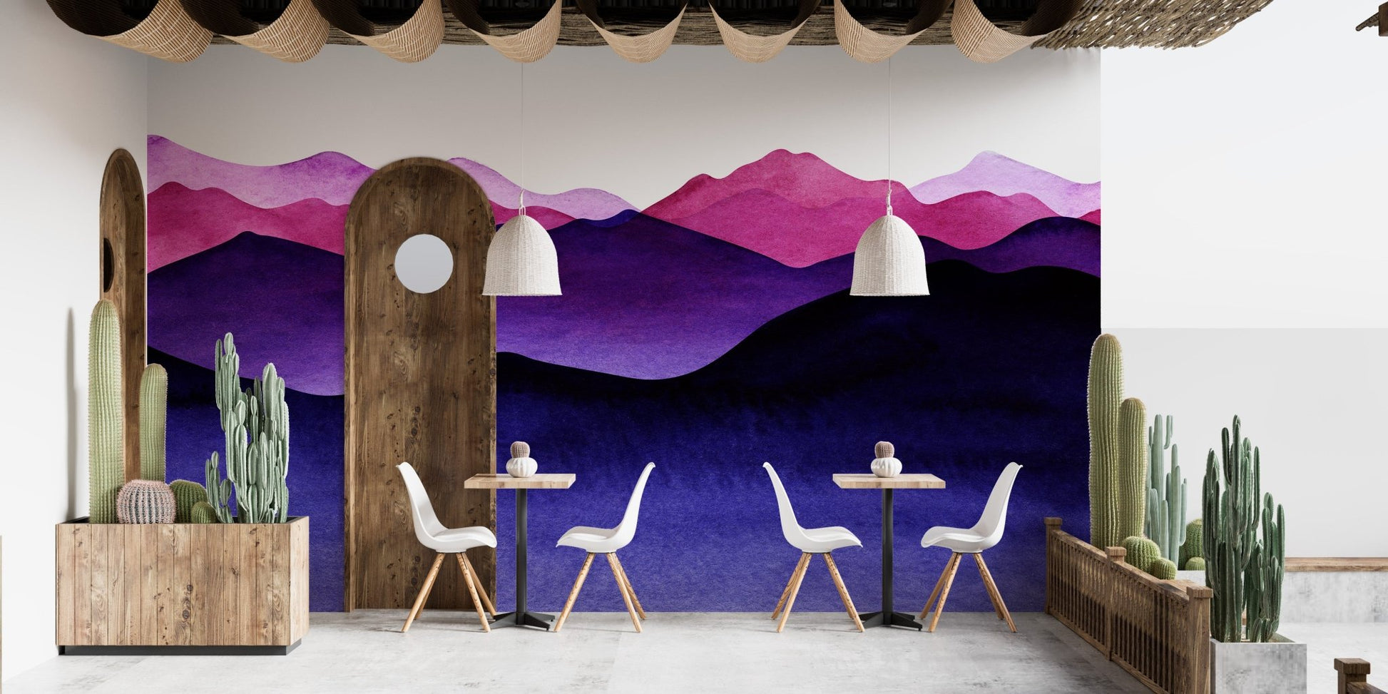 Stylish cafe interior with purple wave wall mural and white bistro seating.