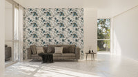 Removable watercolor flower handmade indigo wallpaper in a large, sunlit open lounge.