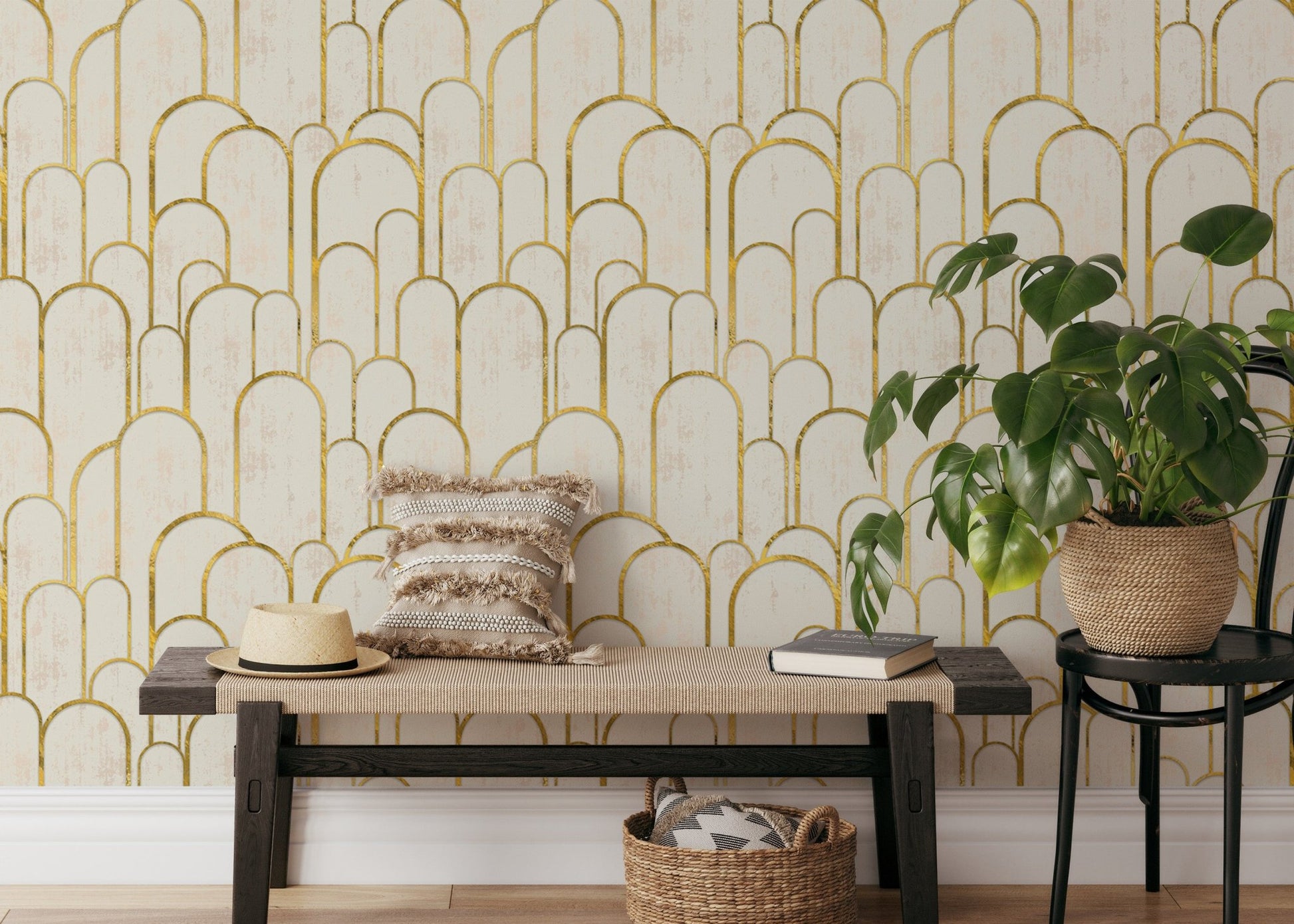 Modern golden Deco archway wallpaper for entryway walls.