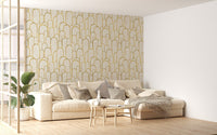 Modern living room featuring white sofa and archway pattern wallpaper.