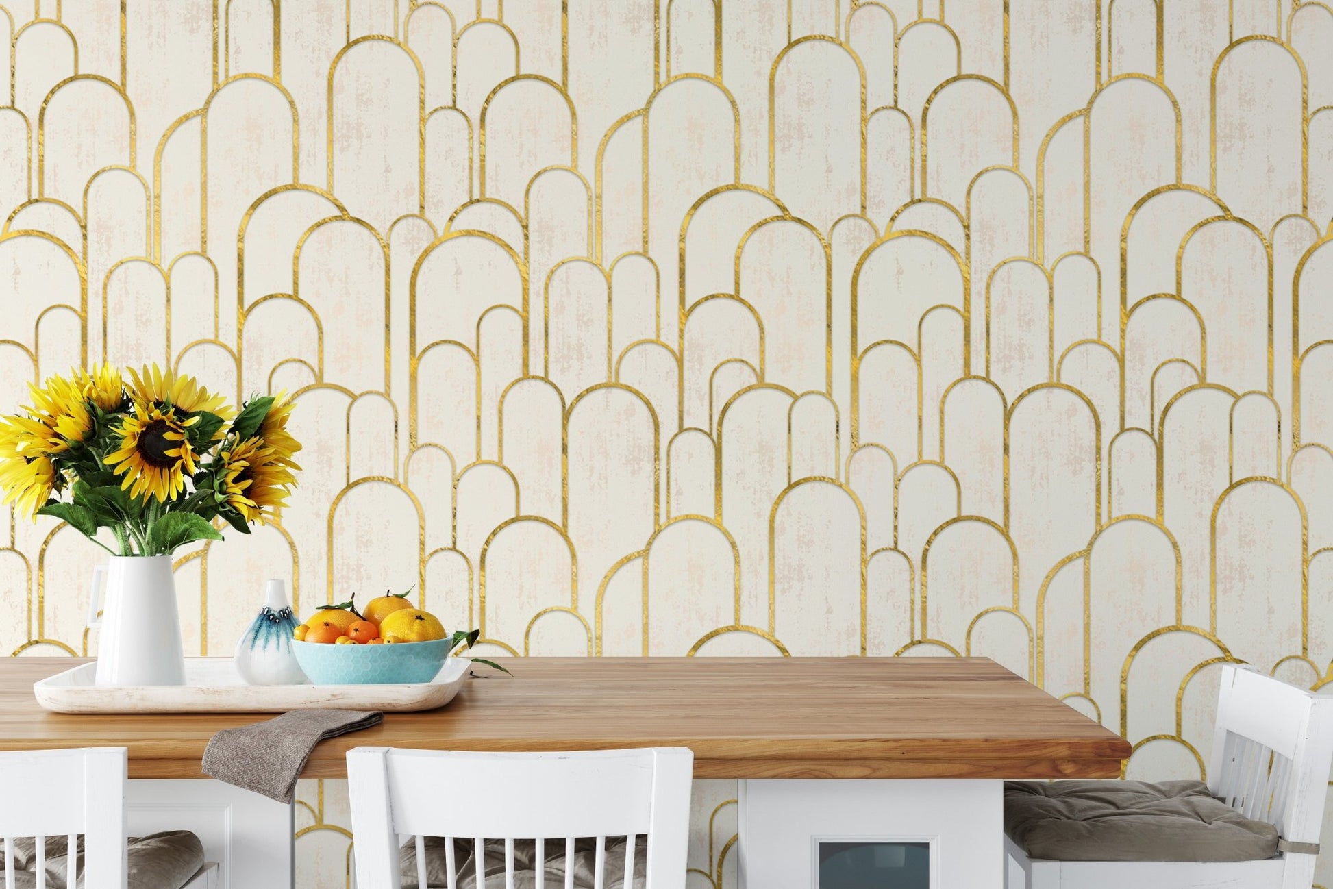 Breakfast nook featuring wooden table and archway wallpaper