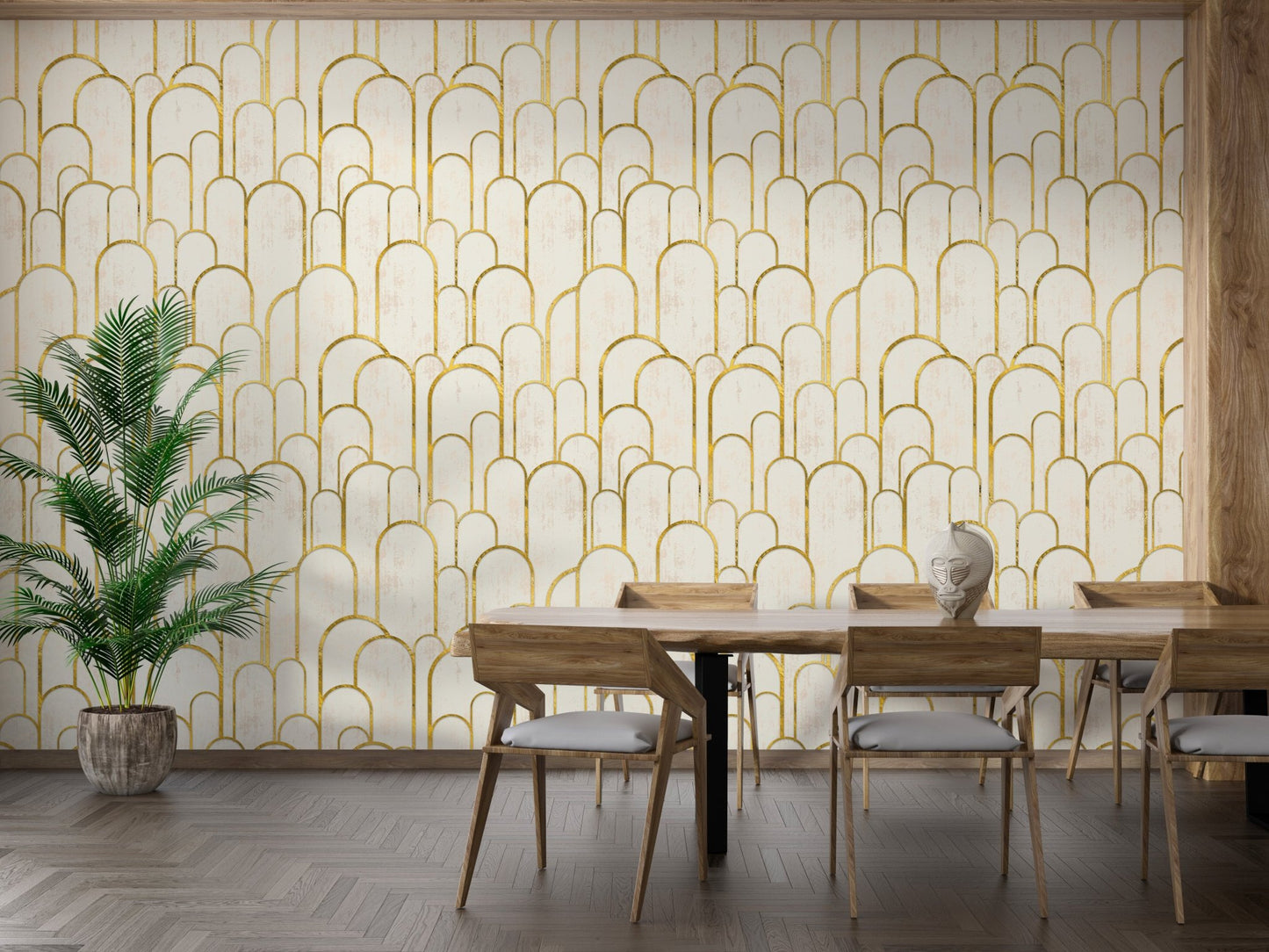 Dining room wallpaper with golden archway pattern and wooden furniture