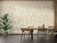 Dining room wallpaper with golden archway pattern and wooden furniture