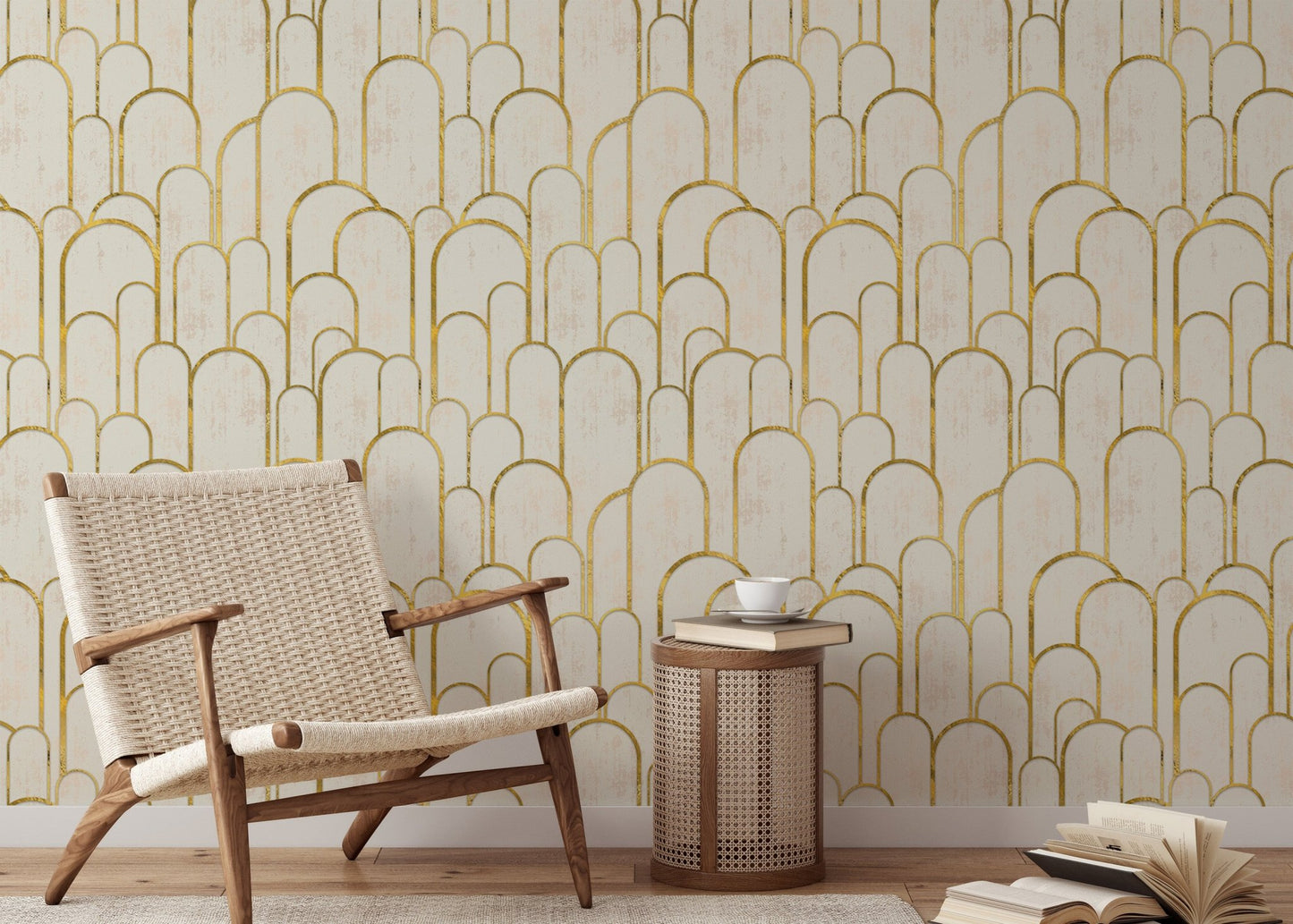 Art Deco golden arches wallpaper in repeating wall patterns for study area.
