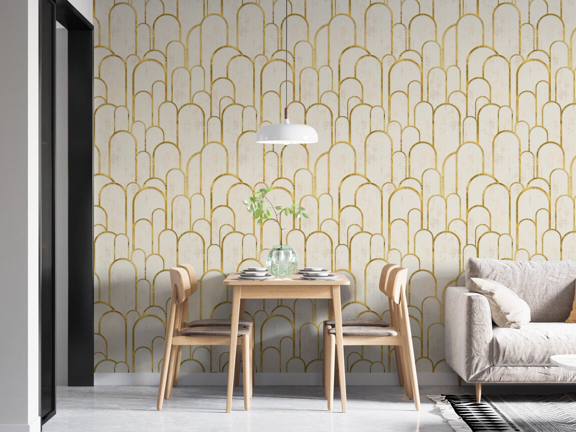 Repeating golden archway Art Deco wallpaper in dining room.