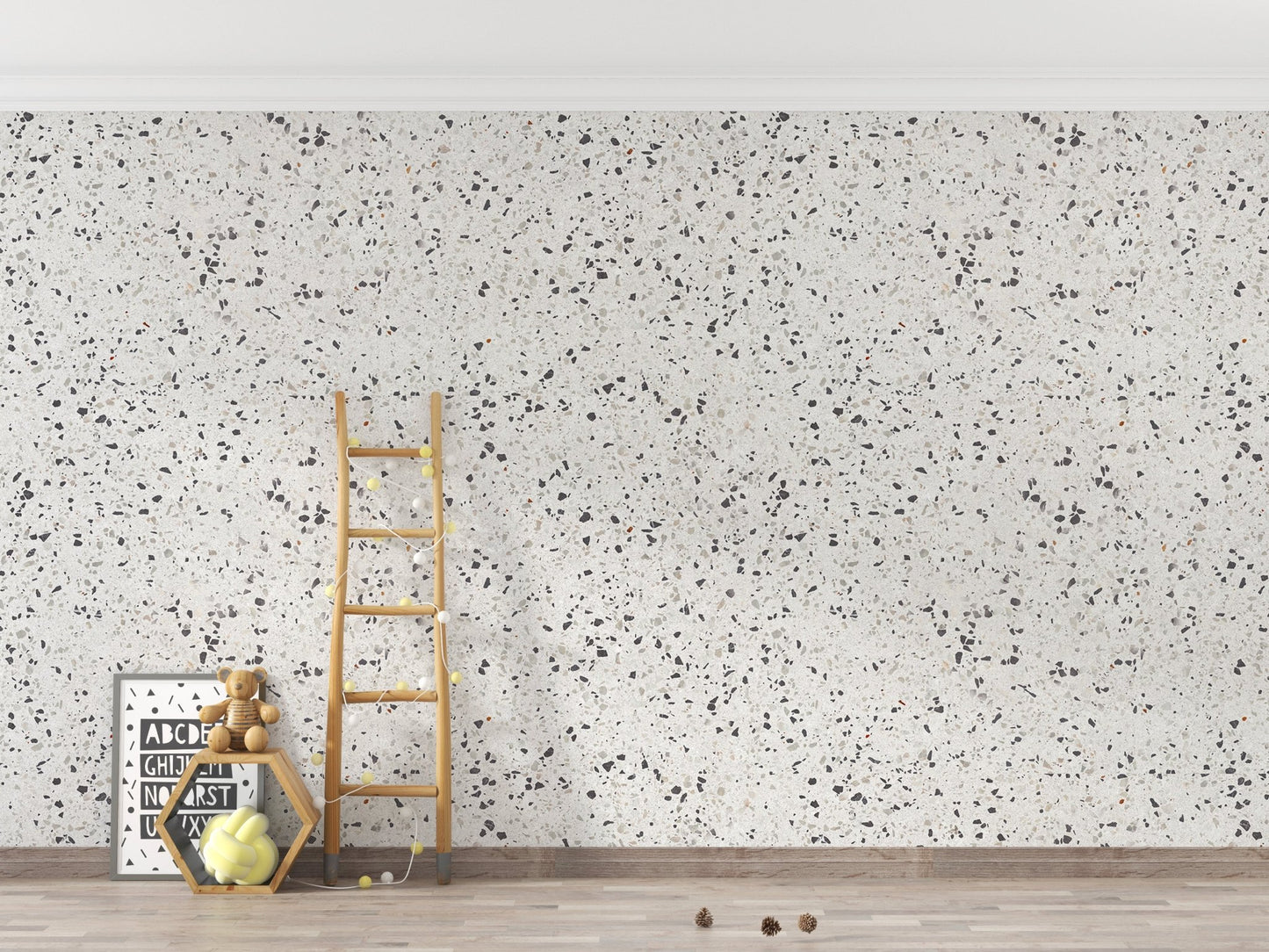 Minimalist white stone wallpaper in an empty room with a wooden ladder.