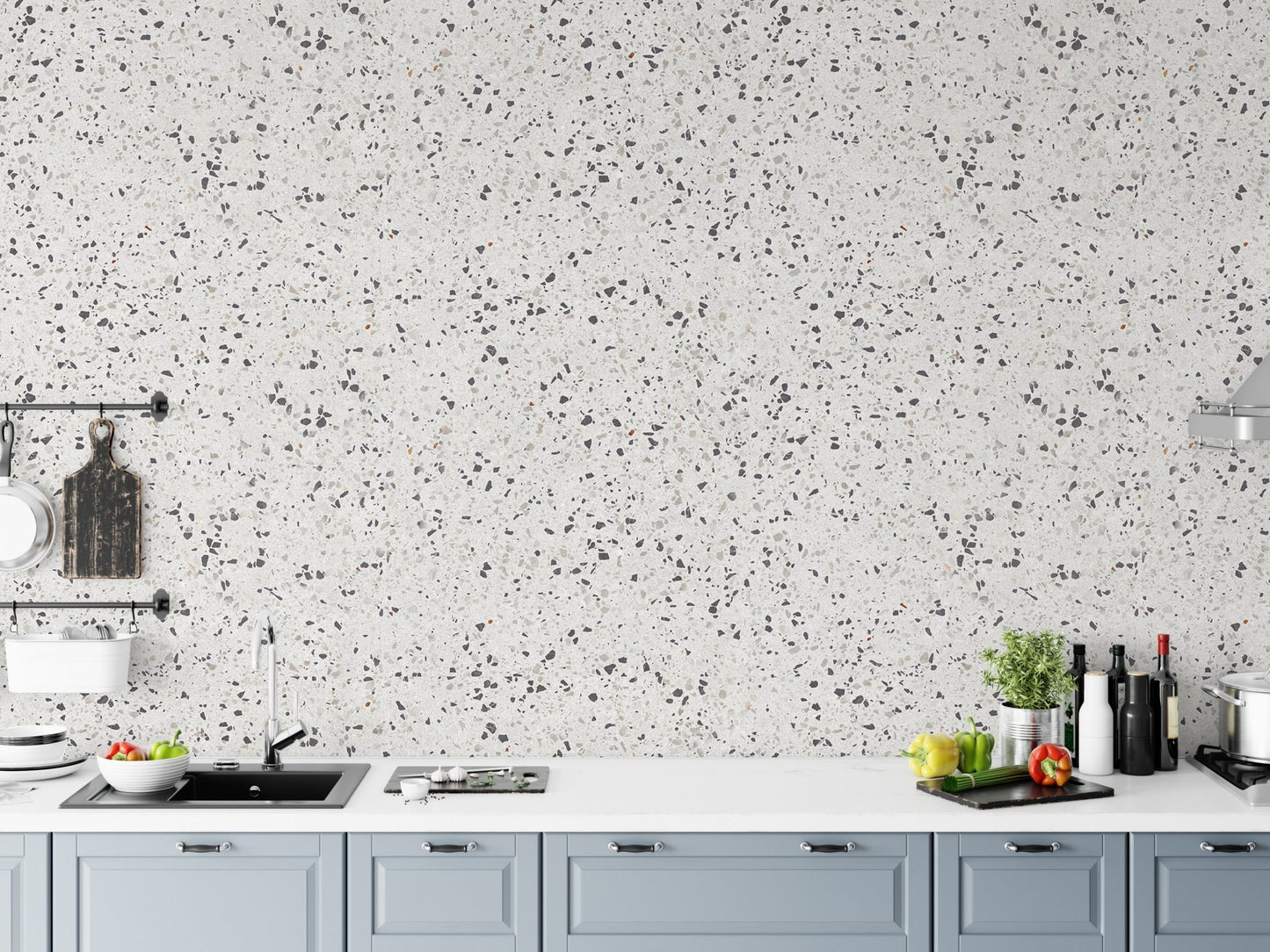 Repeat Pattern Terrazzo Designs White Texture Wallpaper in kitchen splashback area.