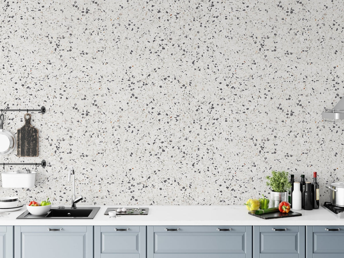 Repeat Pattern Terrazzo Designs White Texture Wallpaper in kitchen splashback area.