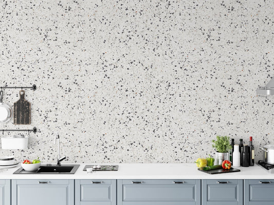 Repeat Pattern Terrazzo Designs White Texture Wallpaper in kitchen splashback area.