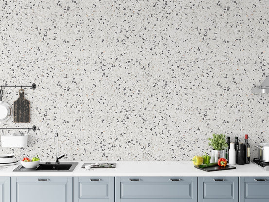 Repeat Pattern Terrazzo Designs White Texture Wallpaper in kitchen splashback area.