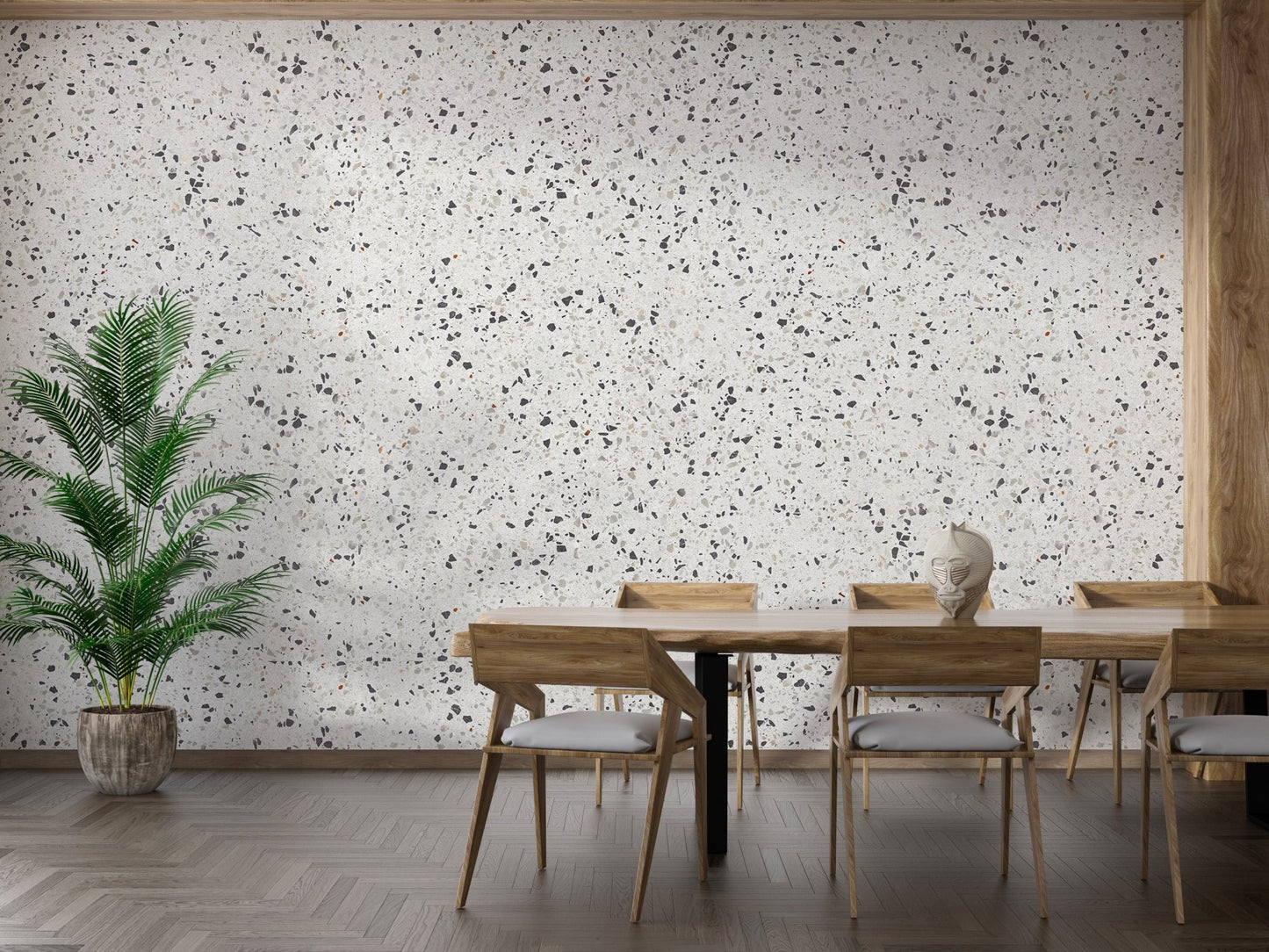 Repeat Pattern Terrazzo Designs White Texture Wallpaper in a large dining room.