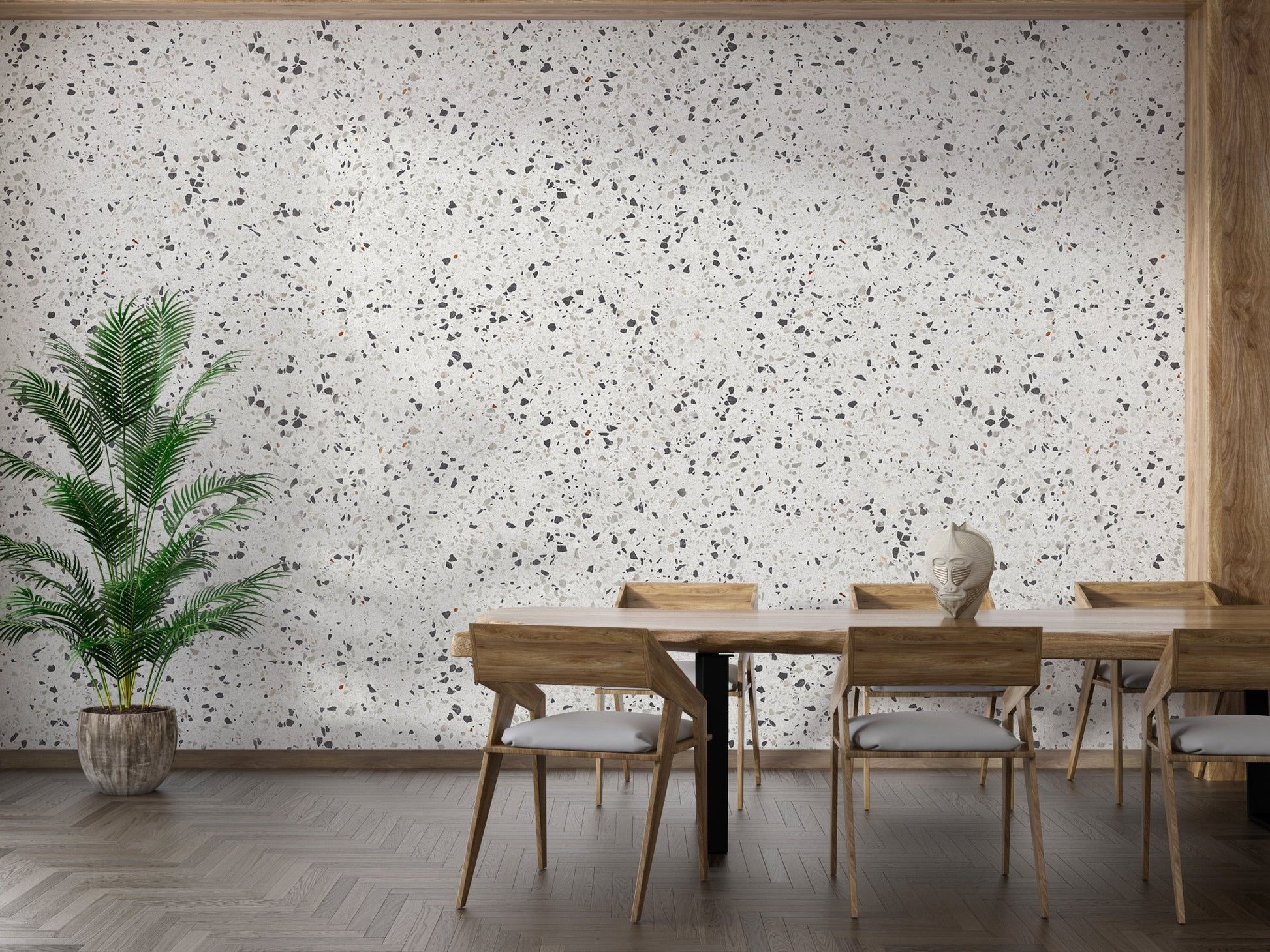 Repeat Pattern Terrazzo Designs White Texture Wallpaper in a large dining room.