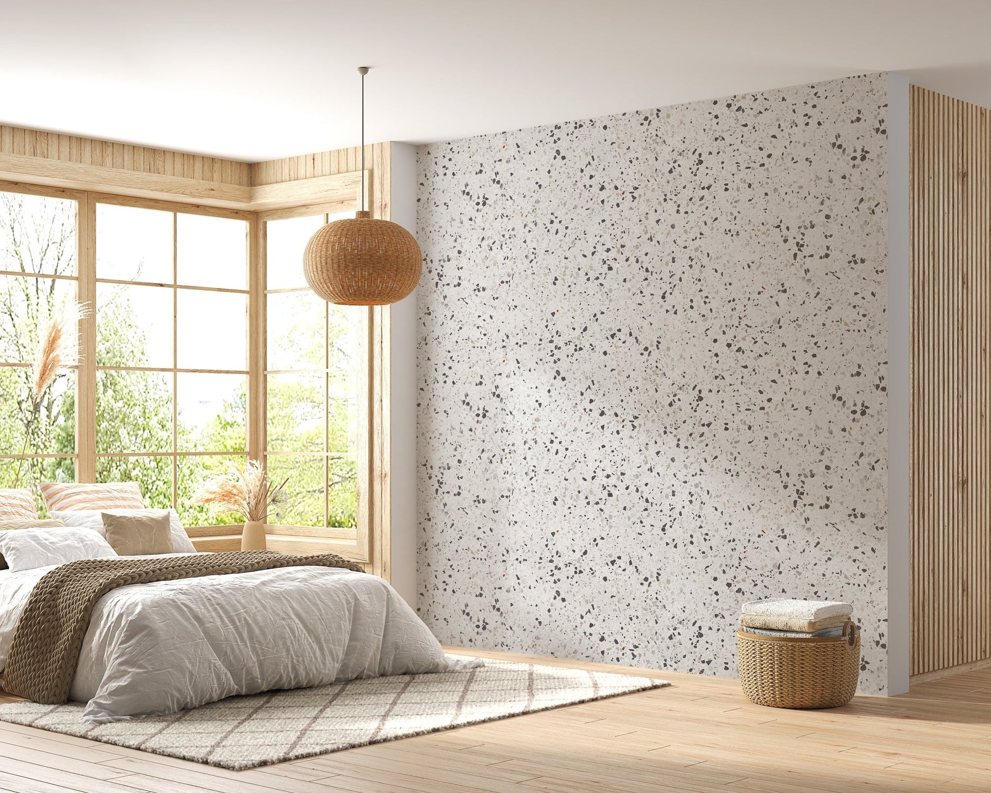 Bedroom terrazzo wallpaper with a wooden bed frame and natural light.