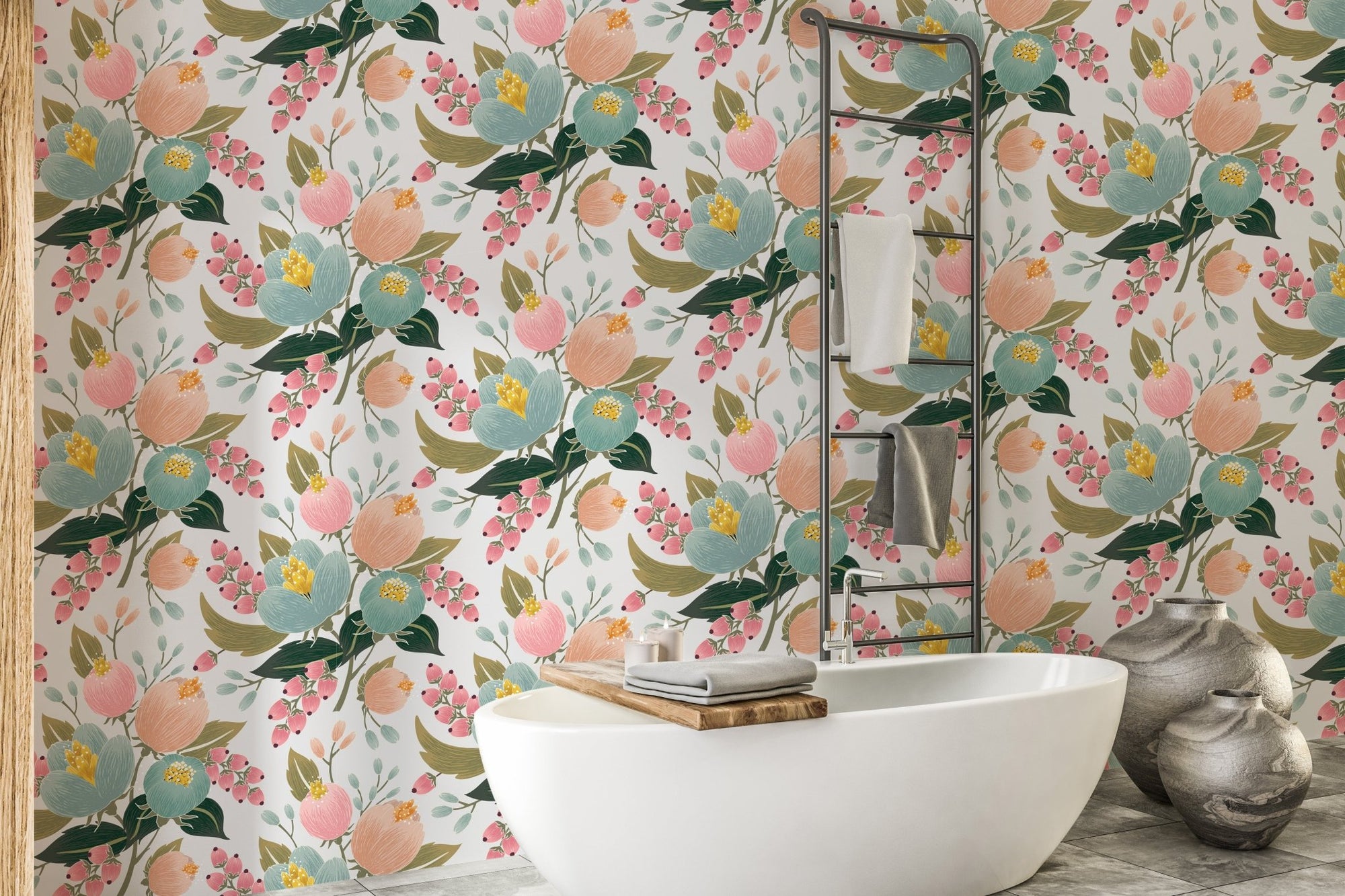 Floral pattern wallpaper in a modern bathroom with a white freestanding bathtub.