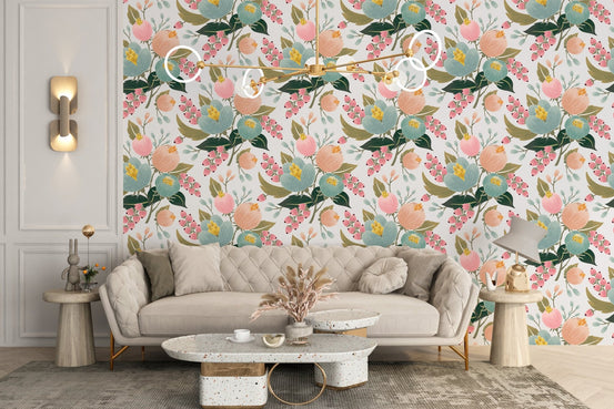 Repeated Flower Pattern Wallpaper in a contemporary living area with a cream couch.