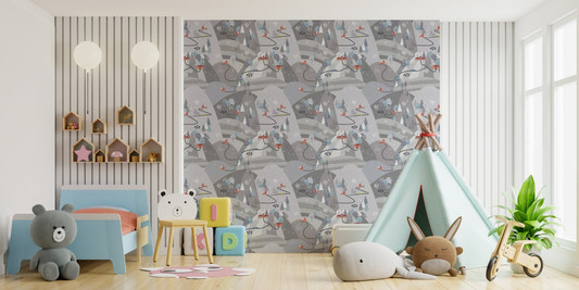 Grey alpine serenity wallpaper behind a blue bed and child's play tent.