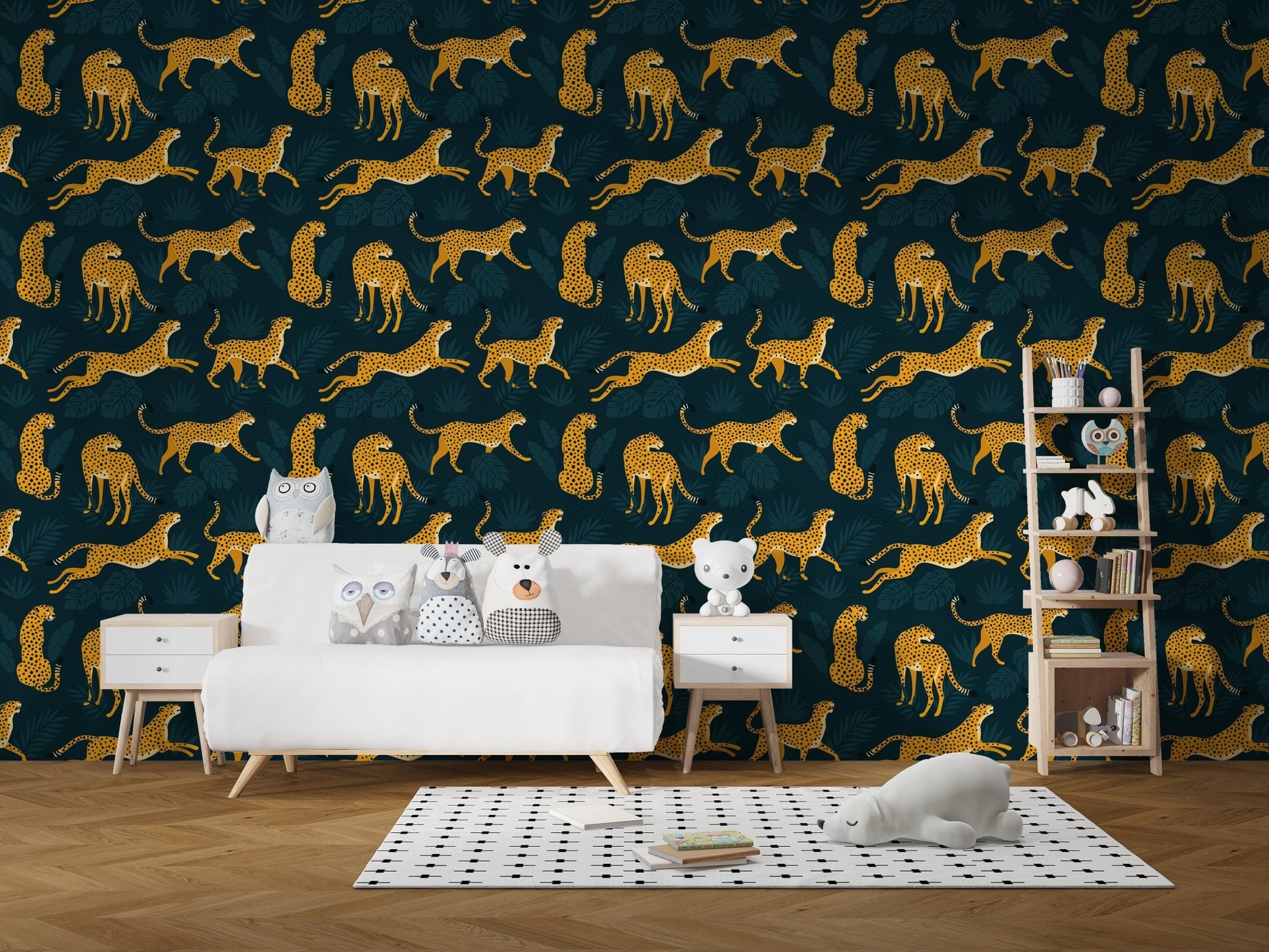 Vibrant yellow leopard wallpaper mural design
