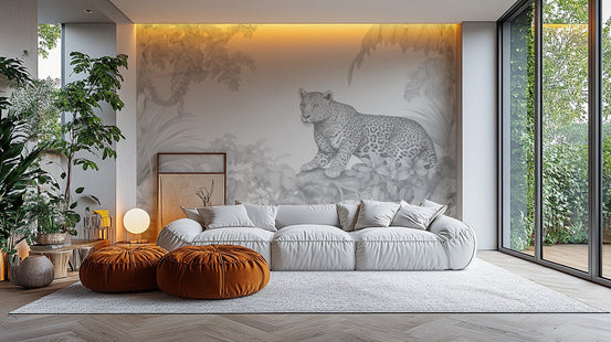 Classic line art wallpaper mural depicting a leopard in a natural habitat.