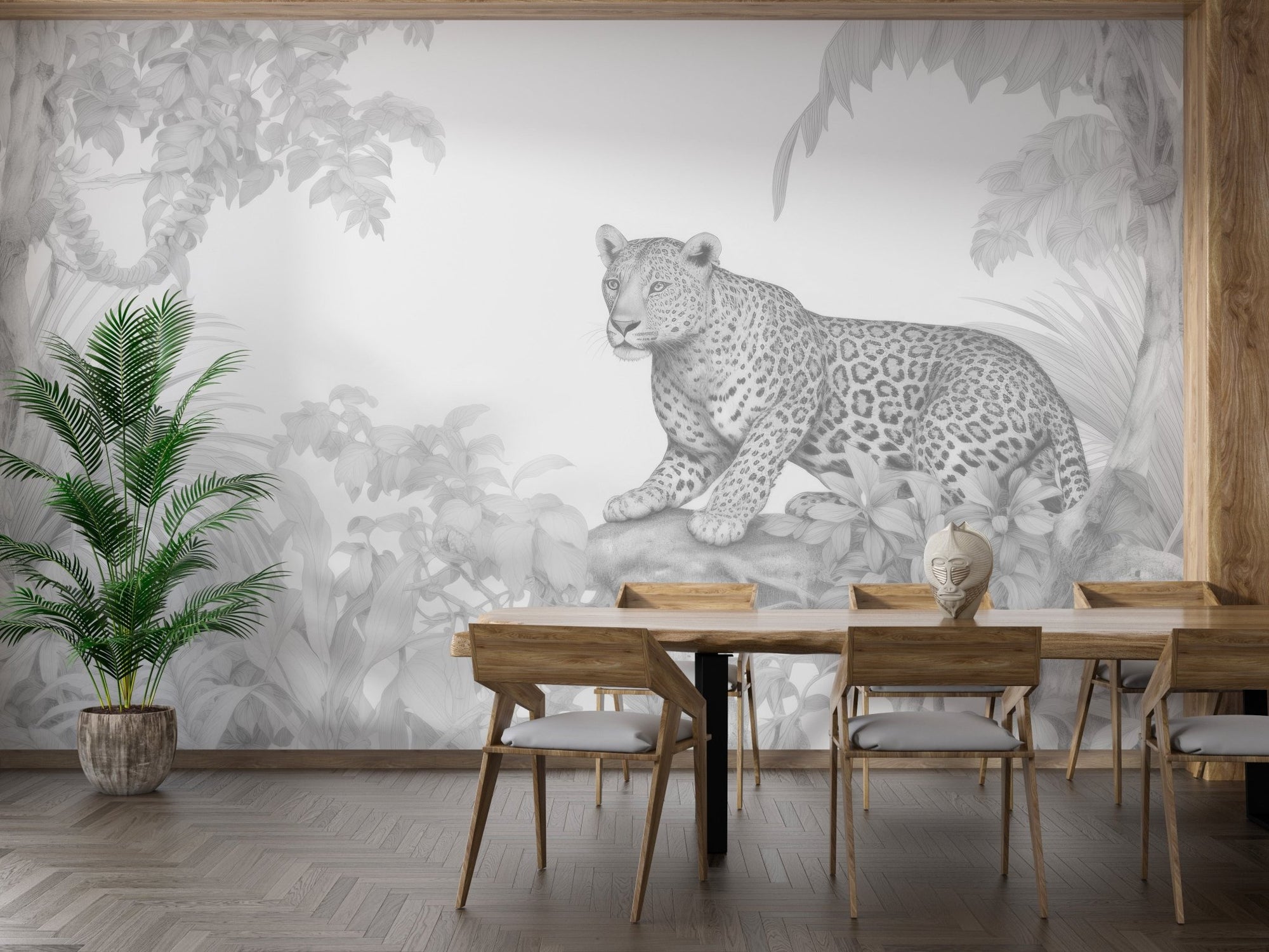 Resting leopard forest wallpaper with monochrome big cat and tropical leaves.