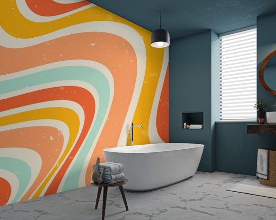 Textured vintage psychedelic wallpaper featuring bold orange and yellow ripples.