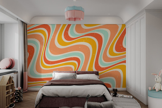 Retro 70s psychedelic wavy wallpaper with orange and yellow swirls.