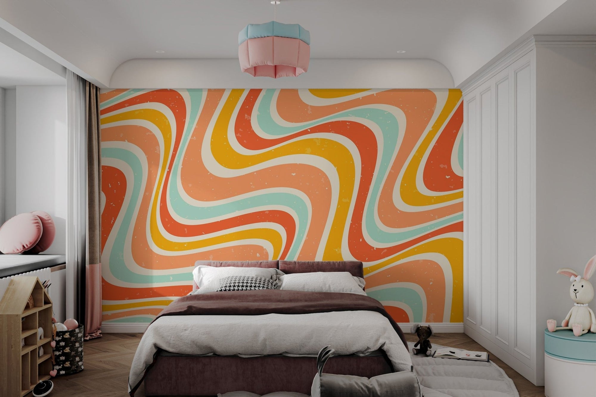 Retro 70s psychedelic wavy wallpaper with orange and yellow swirls.