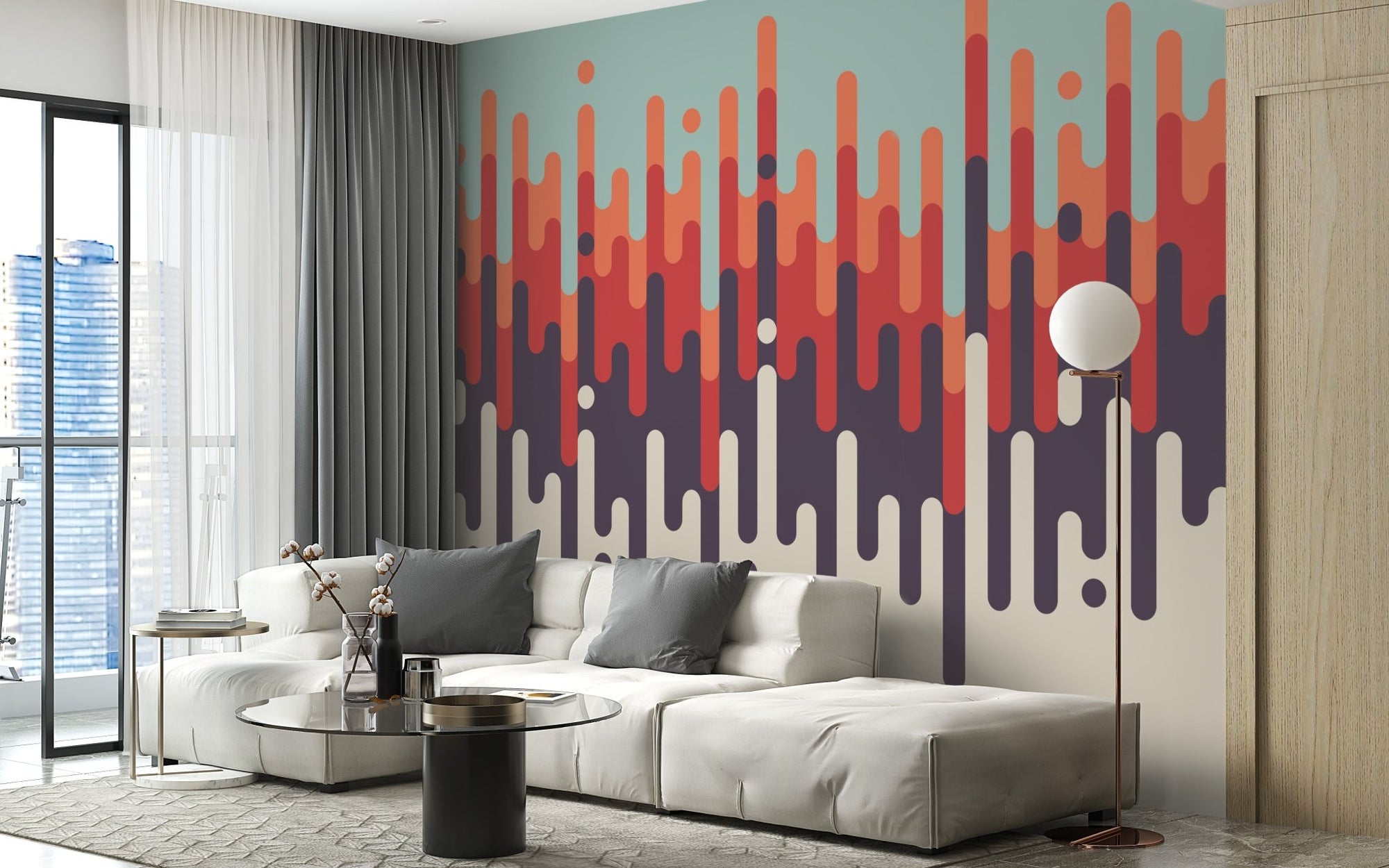 Retro Abstract Removable Wall Murals with orange and purple drips in a living room.