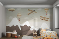 Retro Air Travel Mural in sepia tones for kids bedroom feature walls.