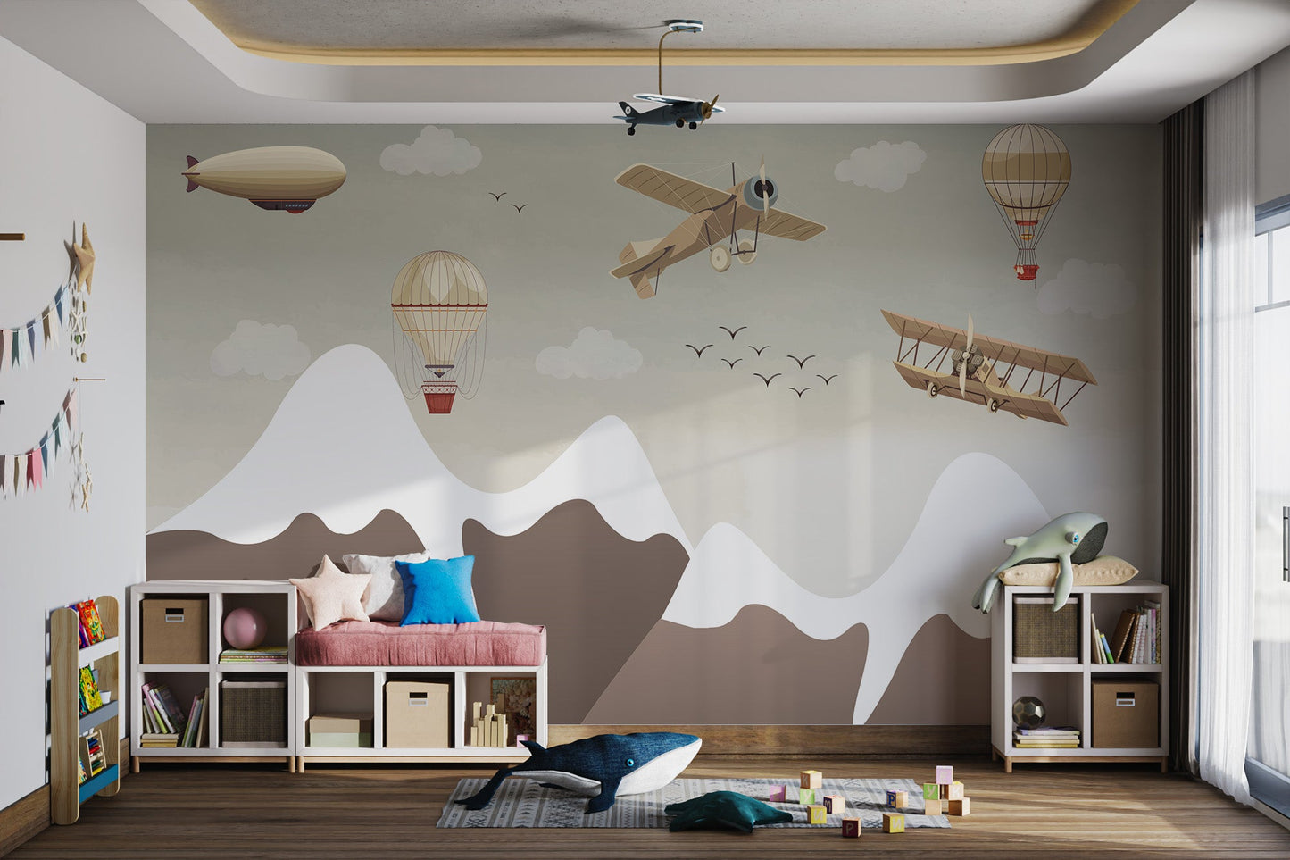 Vintage aviation wall mural with old aircraft and white clouds over hills.