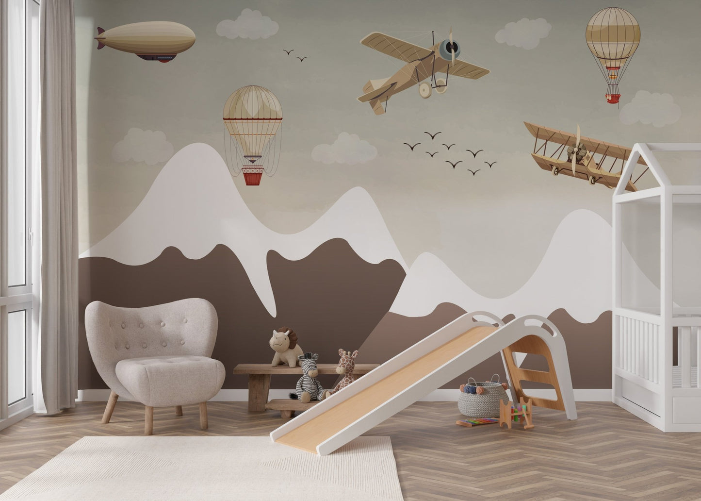 Beige wall mural featuring hot air balloons and snow peaks for nursery.