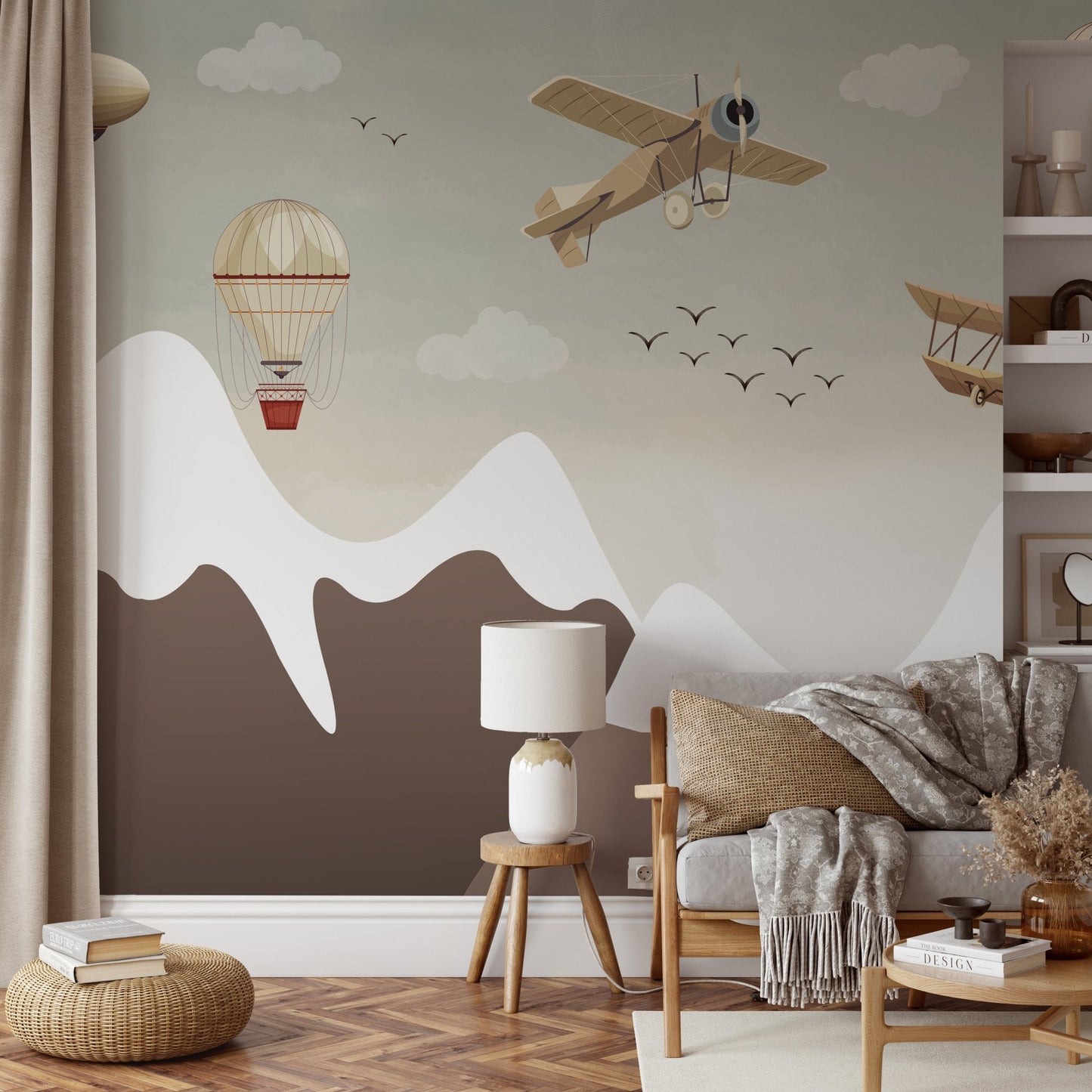 Mountain landscape wall mural with retro flying machines in a living room.