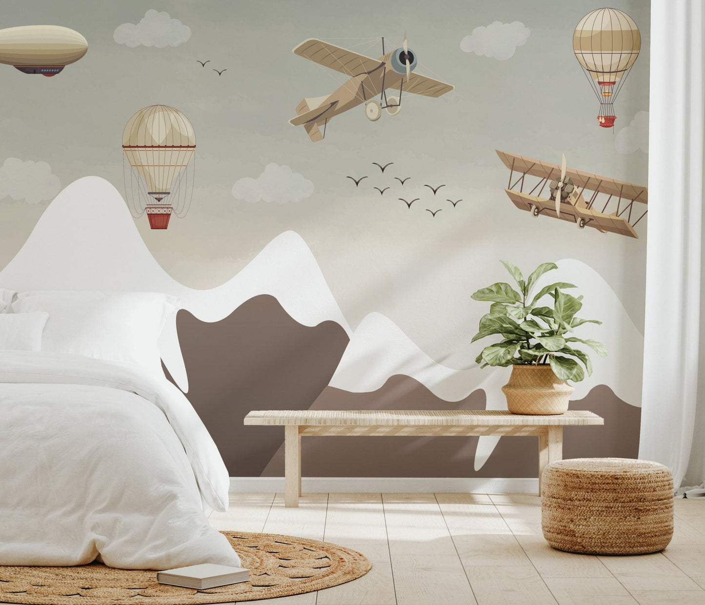 Hot air balloon wall mural in a vintage illustrative style for bedrooms.