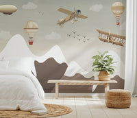Hot air balloon wall mural in a vintage illustrative style for bedrooms.