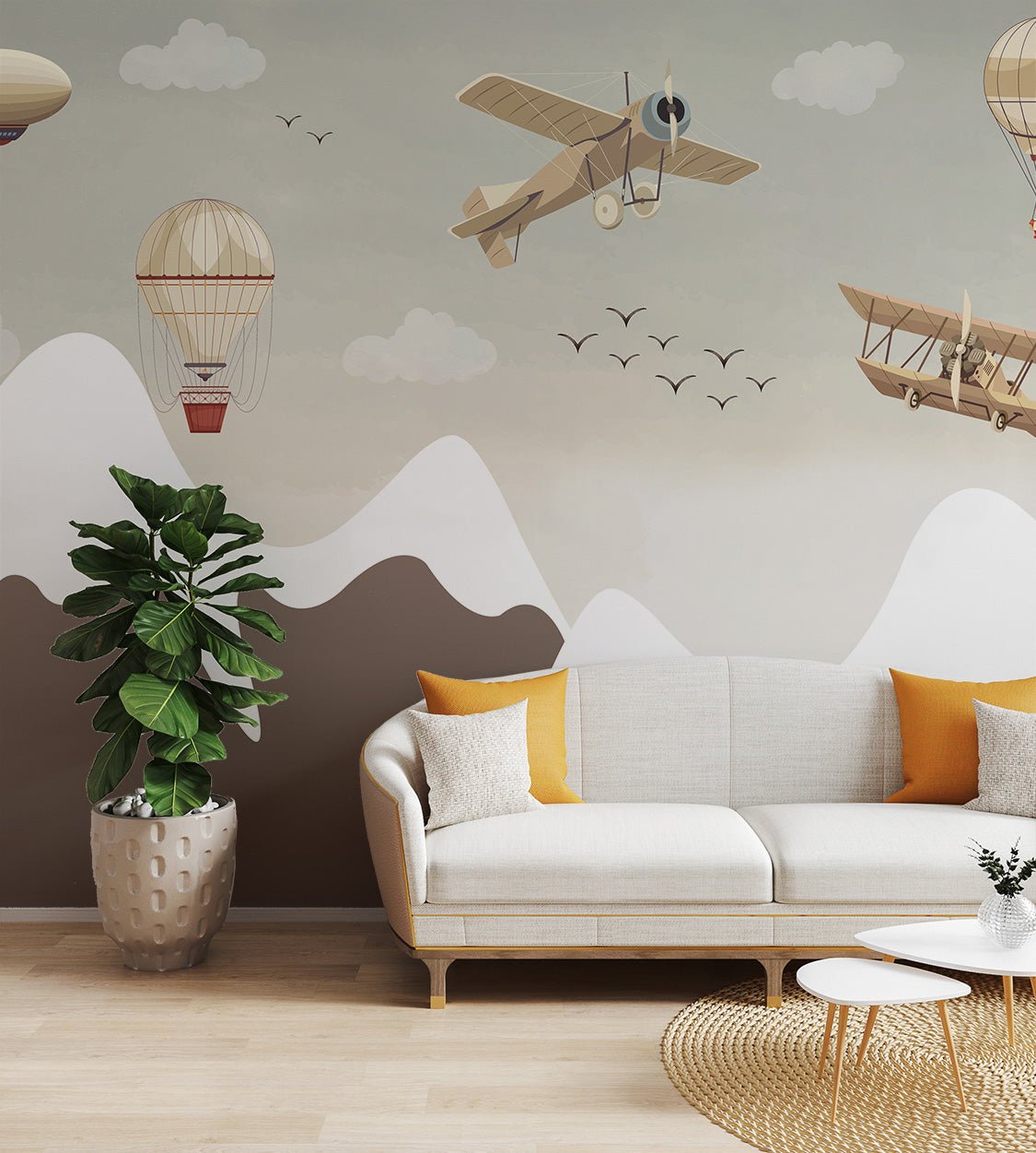 Flying vintage aircraft and balloons wall mural with clouds above mountain