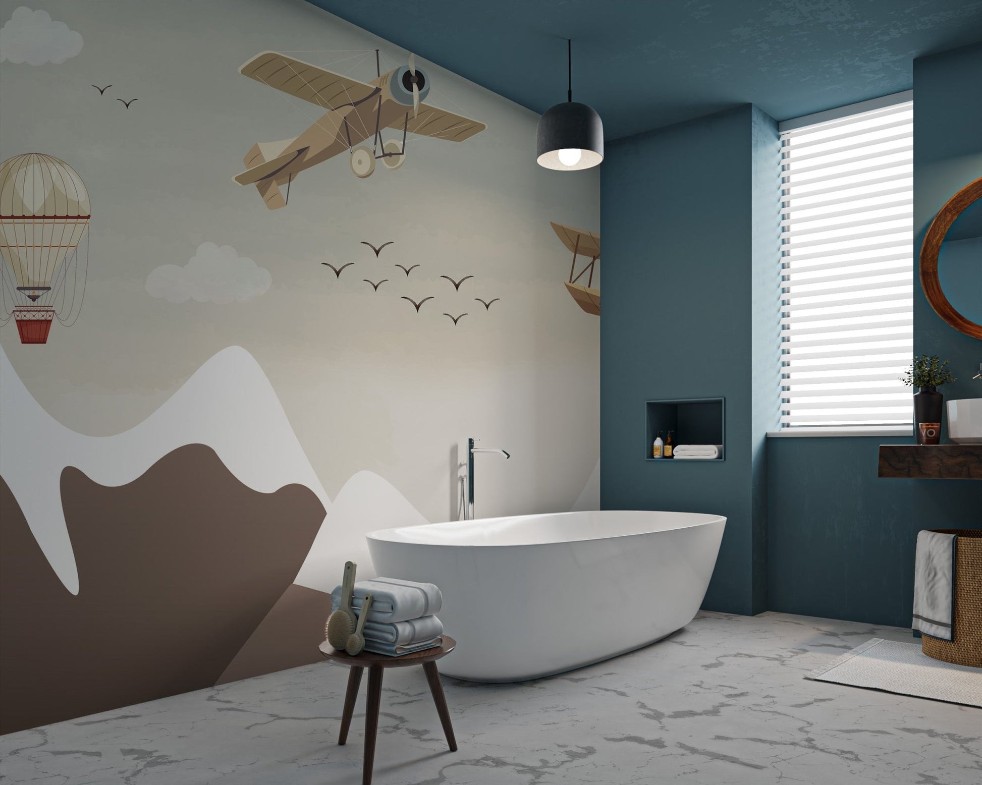 Classic airplane mural design with muted earthy colors and alpine scenery.