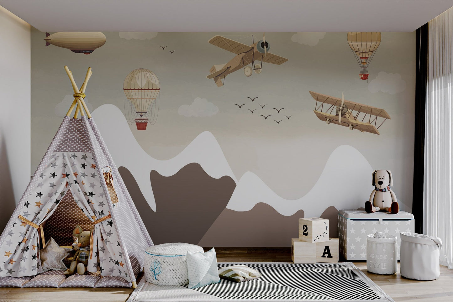 Scenic mountain landscape mural with hot air balloons in kids playroom.