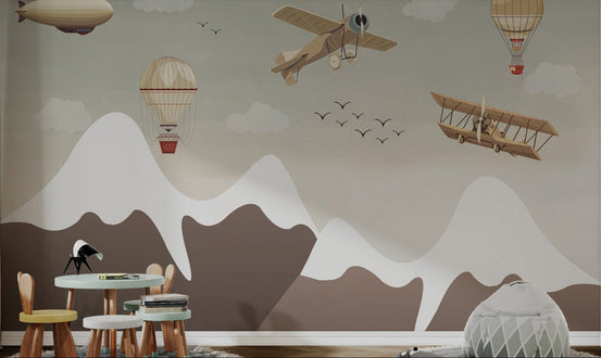Illustrated aviation wall mural with biplanes and clouds for study rooms.