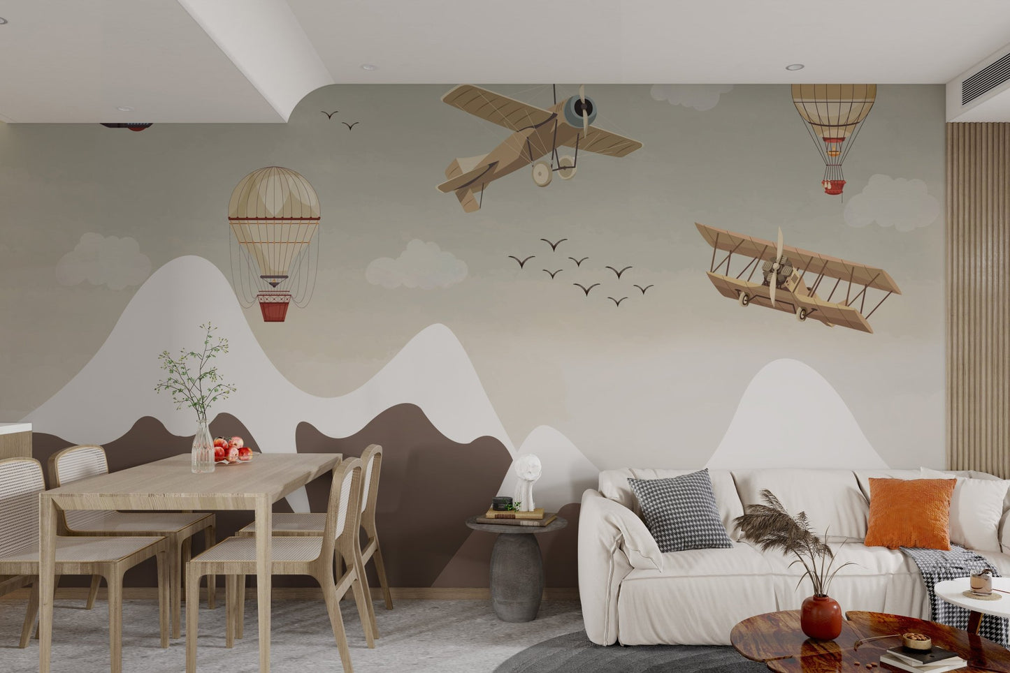 Cloudy sky mural with biplanes and zeppelin over white mountains.
