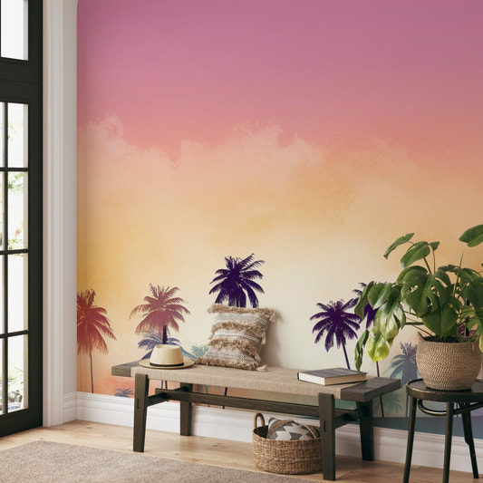 Retro beach vibes wallpaper with palm tree silhouettes and pink sunset.