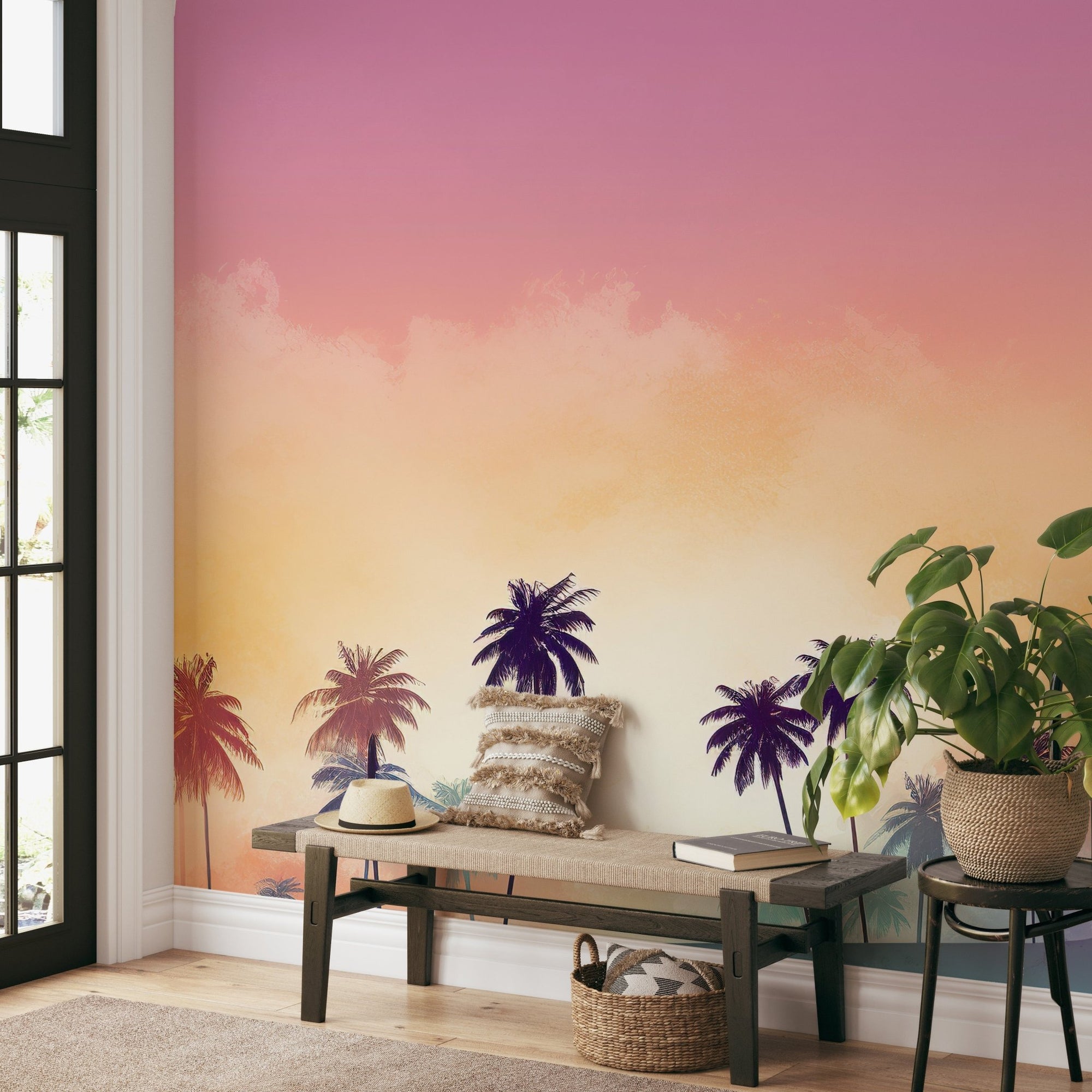 Retro beach vibes wallpaper with palm tree silhouettes and pink sunset.