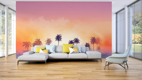 Vibrant orange and purple tropical sunset wall mural for home decor.