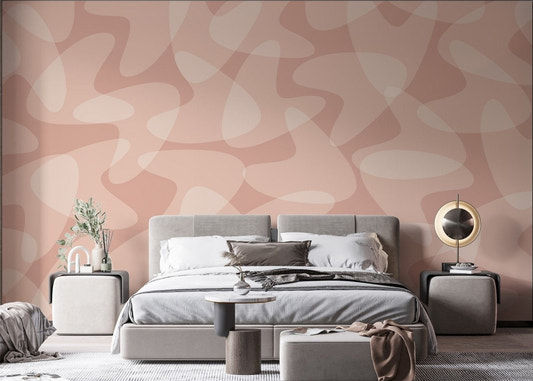 Retro wallpaper mural featuring curved organic forms in pink hues.