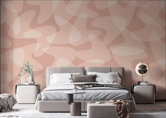Retro wallpaper mural featuring curved organic forms in pink hues.