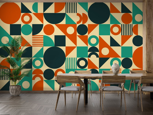 Dining room featuring Retro Chic Orange and Green Edition Wallpaper on a large wall