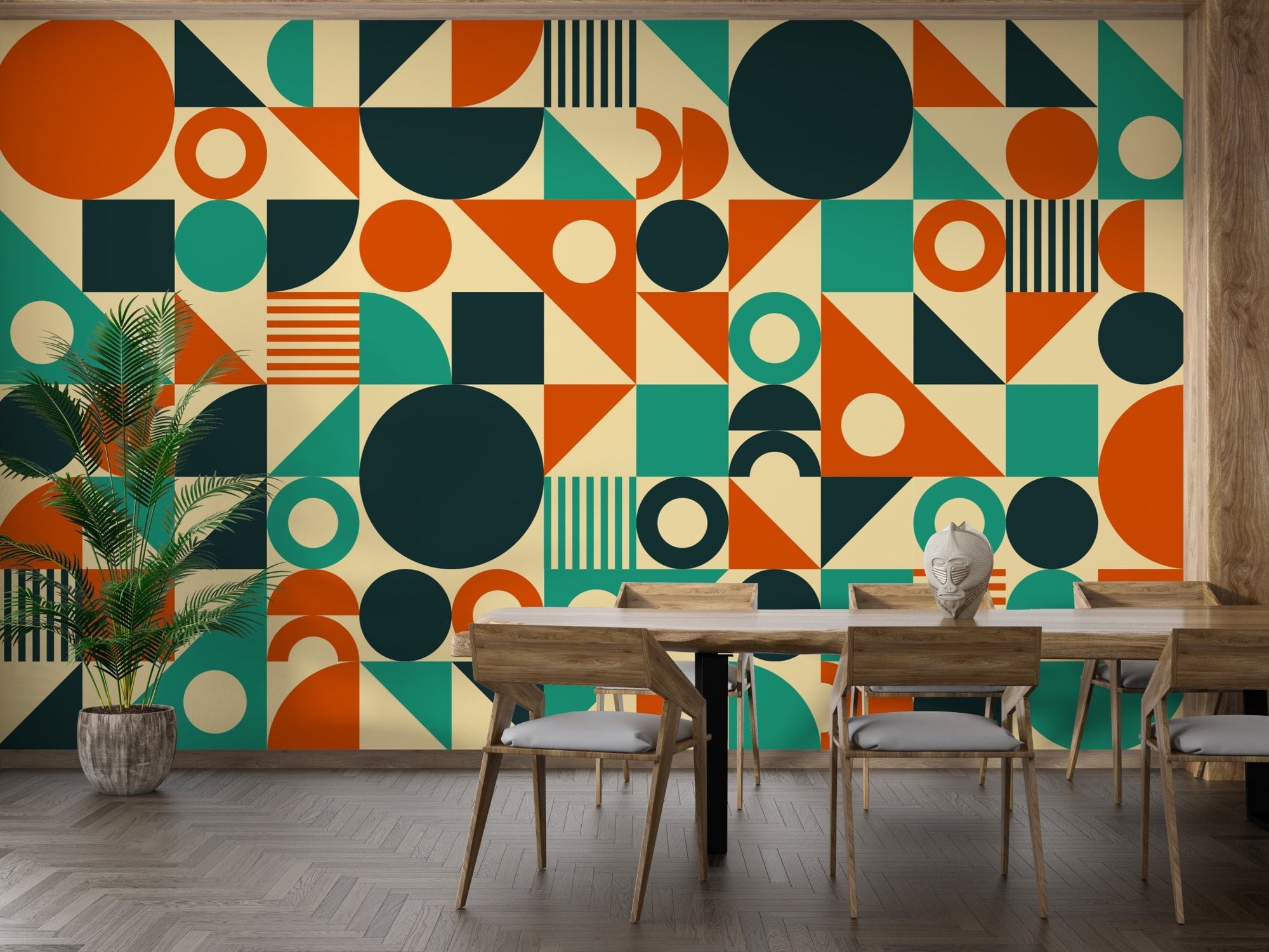 Dining room featuring Retro Chic Orange and Green Edition Wallpaper on a large wall