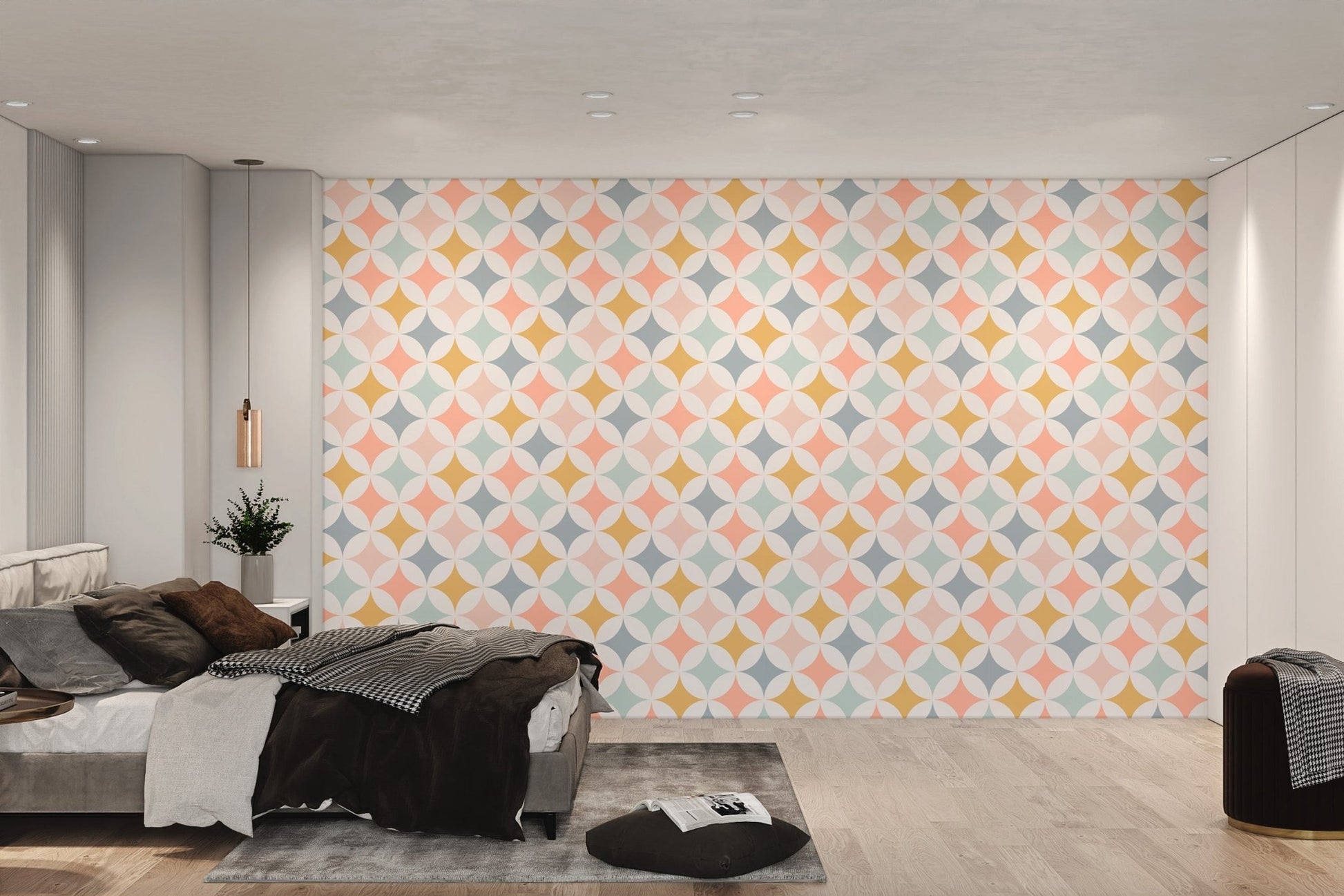 Retro Circles Pattern Wallpaper in grey and peach shades for guest room.